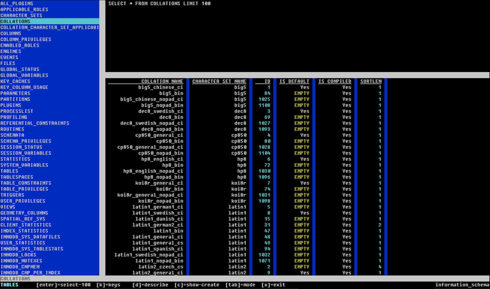 Text user interface for ncmysql